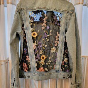 Upcycled Denim Jacket Featuring Embroidered Lace Panels